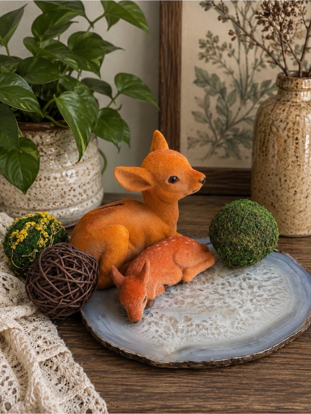 Vintage Style Flocked Deer Bank | Fawn | Large Agate Slice | Natural Orbs
